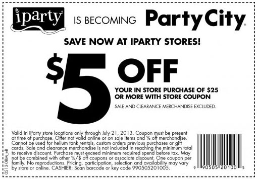 iParty: $5 off $25 Printable Coupon