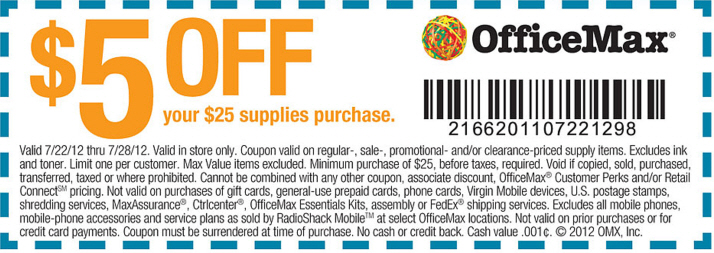 OfficeMax: $5 off $25 Printable Coupon