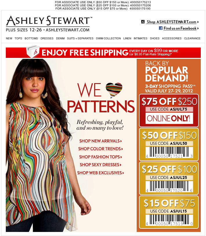 Ashley Stewart: $15-$75 off Printable Coupon