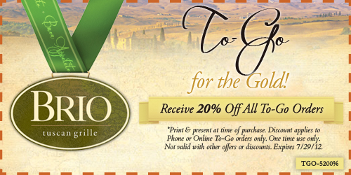 Brio Tuscan Grille: 20% off To-Go Orders Printable Coupon
