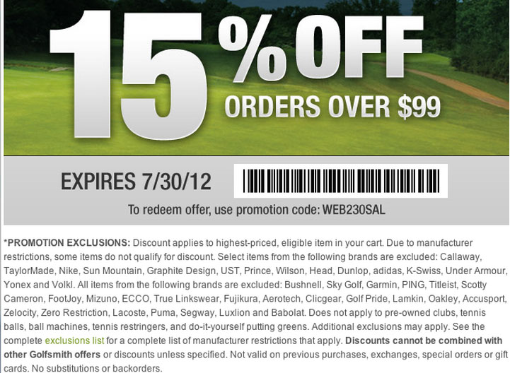Golfsmith: 15% off $99 Printable Coupon