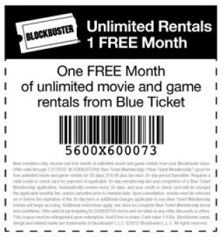 Blockbuster: Free Month of Blue Ticket Rentals Printable Coupon