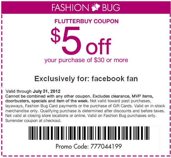Fashion Bug: $5 off $30 Printable Coupon