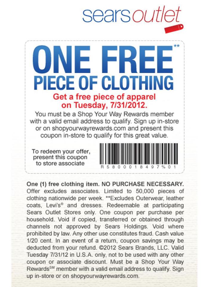 Sears Outlet: Free Piece of Clothing Printable Coupon