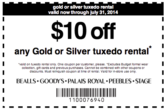 Peebles: $10 off Tuxedo Rental Printable Coupon