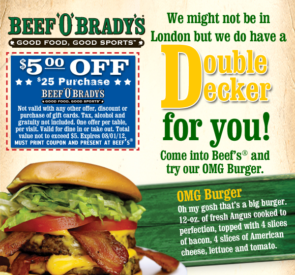 Beef'O'Bradys: $5 off Printable Coupon