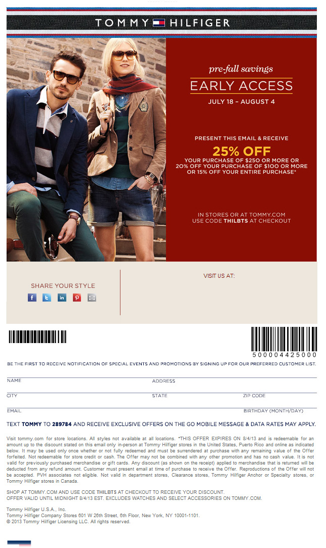 Tommy Hilfiger Promo Coupon Codes and Printable Coupons