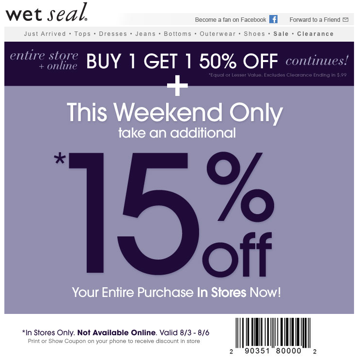 Wet Seal: 15% off Printable Coupon