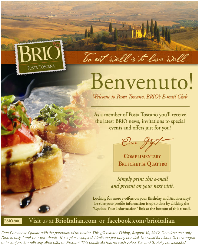 Brio Tuscan Grille Promo Coupon Codes and Printable Coupons