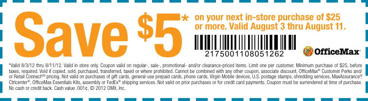 OfficeMax: $5 off $25 Printable Coupon