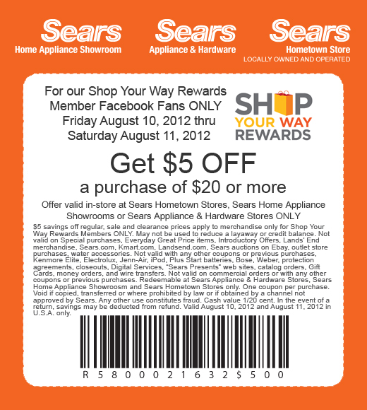 Sears: $5 off $20 Printable Coupon