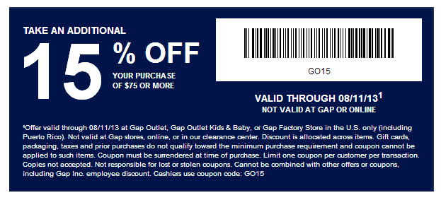 Gap Outlet: 15% off $75 Printable Coupon