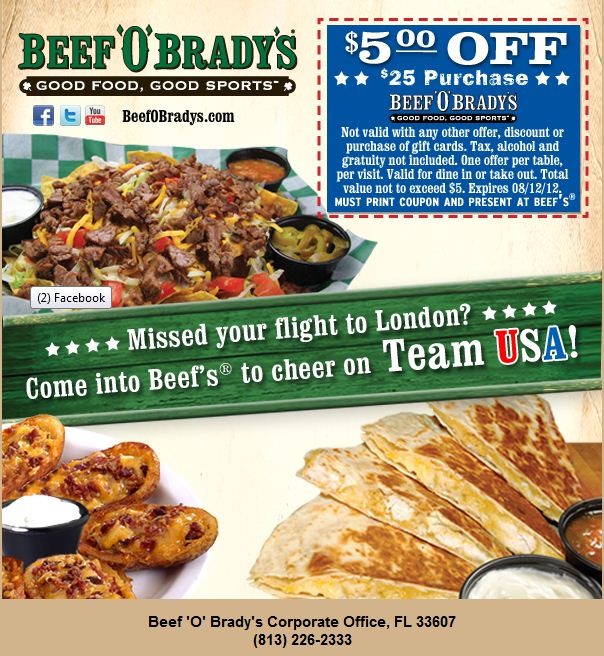 Beef'O'Bradys: $5 off $25 Printable Coupon