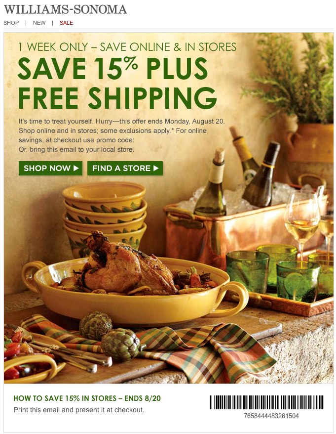 Williams-Sonoma Promo Coupon Codes and Printable Coupons