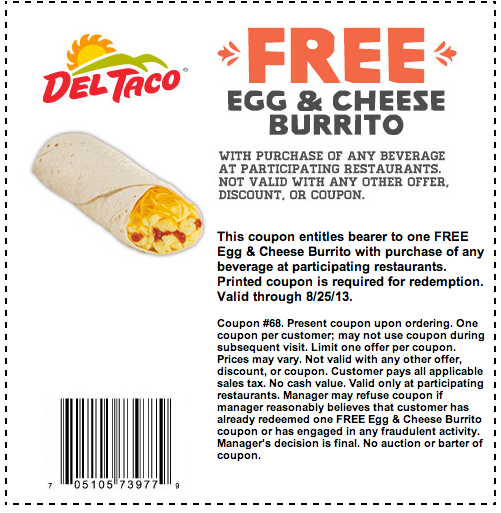 Del Taco: Free Egg & Cheese Burrito Printable Coupon
