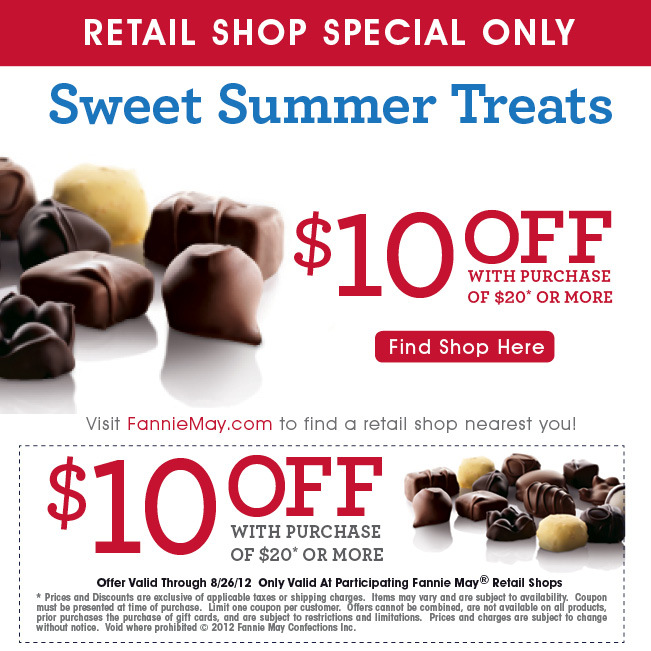 Fannie May Candies: $10 off $20 Printable Coupon