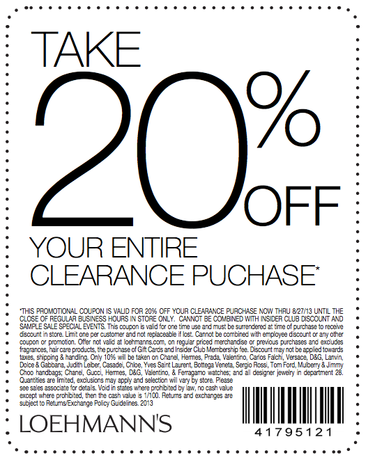Loehmann's: 20% off Clearance Printable Coupon