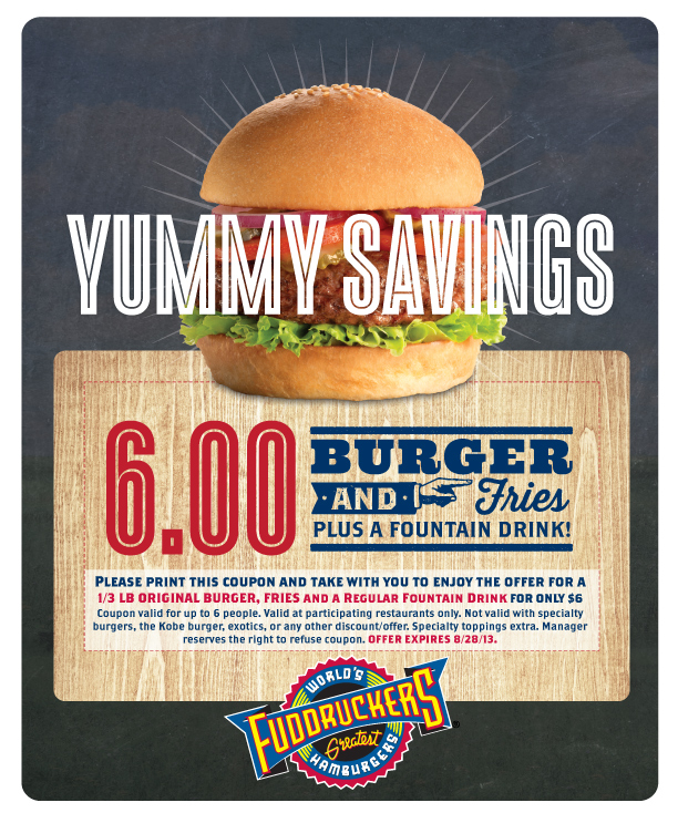 Fuddruckers: $6 Burger and Fries Printable Coupon