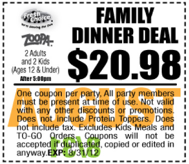 Fresh Choice: $20.98 Dinner Deal Printable Coupon