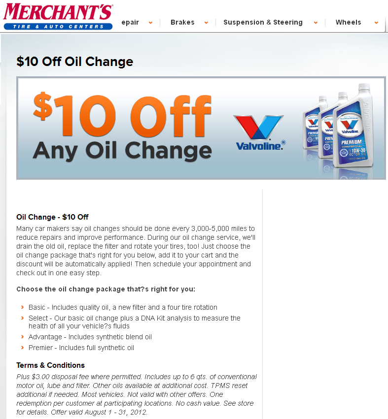Merchant's Tire & Auto Centers: $10 off Oil Change Printable Coupon