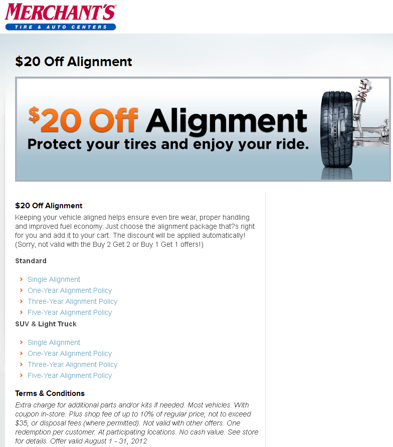 Merchant's Tire & Auto Centers: $20 off Alignment Printable Coupon