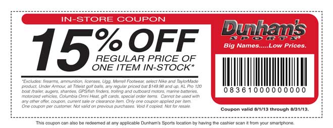Dunhams Sports: 15% off Item Printable Coupon