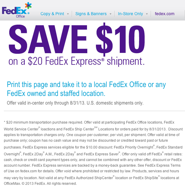 FedEx Office: $10 off $20 Printable Coupon