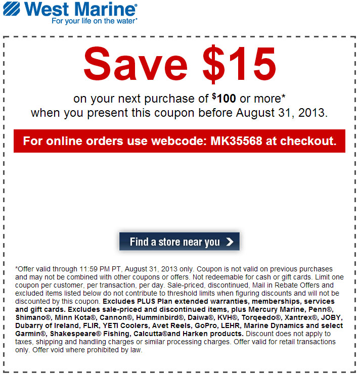West Marine: $15 off Printable Coupon