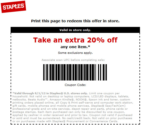 Staples: 20% off Item Printable Coupon