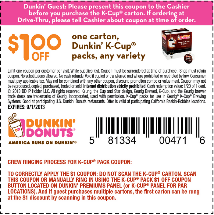Dunkin Donuts: $1 off K-Cups Printable Coupon
