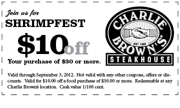 Charlie Browns Steakhouse: $10 off $30 Printable Coupon