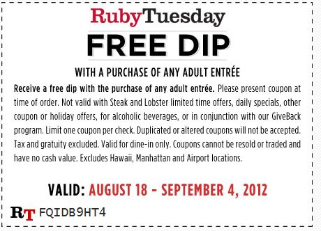 Ruby Tuesday: Free Dip Printable Coupon