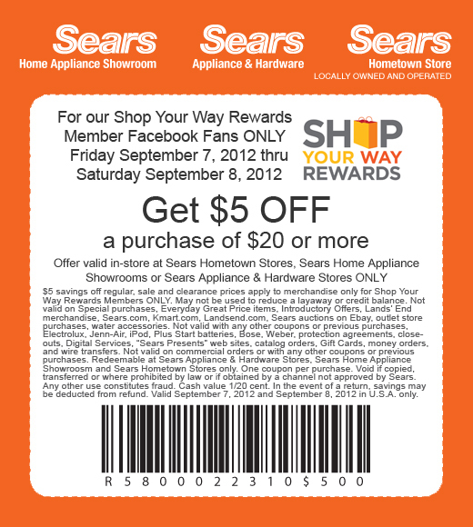 Sears 5 off 20 Printable Coupon