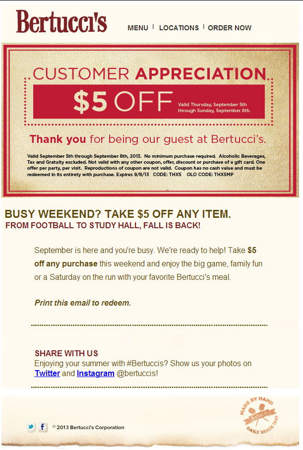 Bertuccis: $5 off Printable Coupon