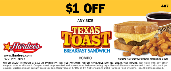 Hardee's: $1 off Breakfast Sandwich Combo Printable Coupon