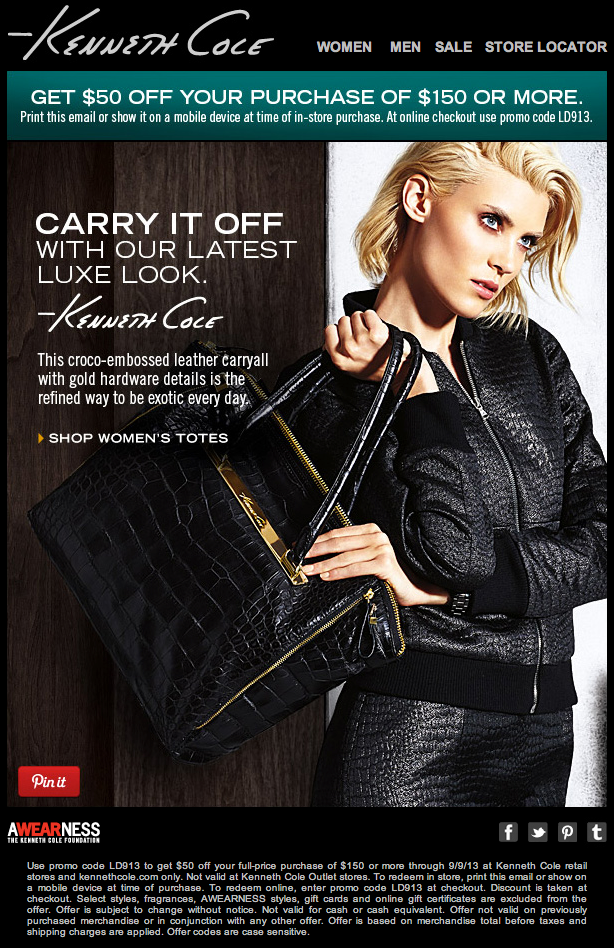 Kenneth Cole: $50 off $150 Printable Coupon