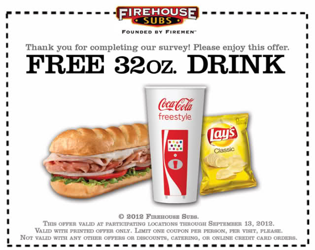 Firehouse Subs: Free Drink Printable Coupon