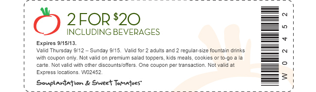 Souplantation & Sweet Tomatoes 20 Meal for Two Printable Coupon