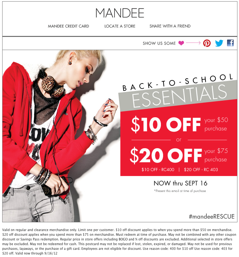 Mandee: $10 to $20 Off Printable Coupon