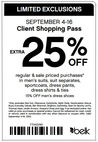 Belk.com: 25% off Men's Printable Coupon