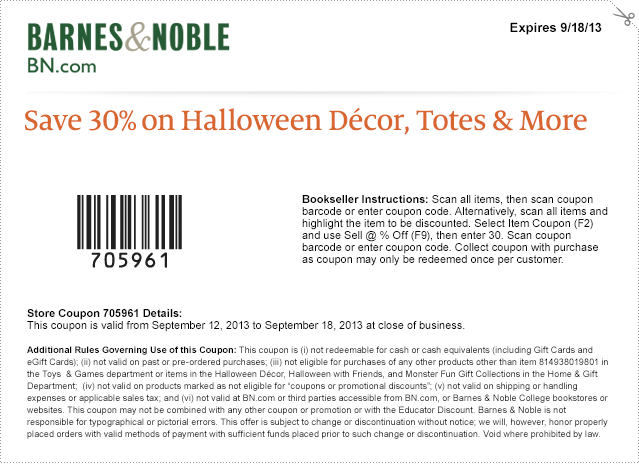 Barnes and Noble: 30% off Halloween Decor Printable Coupon