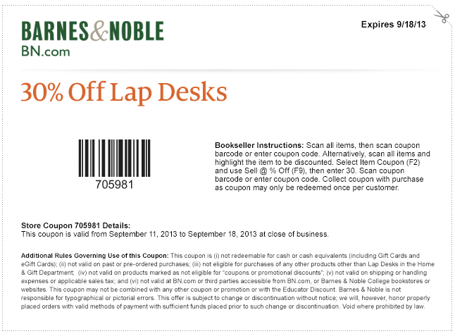 Barnes and Noble: 30% off Lap Desks Printable Coupon