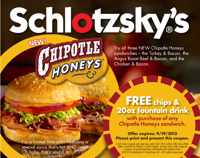 Schlotzskys: Free Chips & Drink Printable Coupon