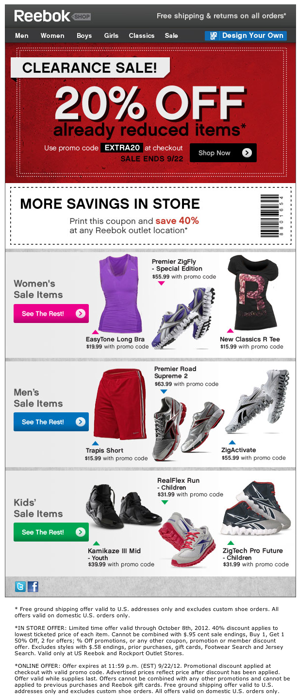 Reebok Outlet: 20% off Printable Coupon
