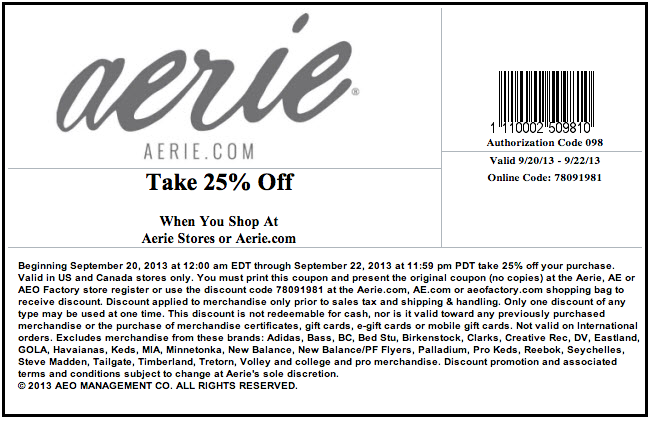 aerie: 25% off Printable Coupon