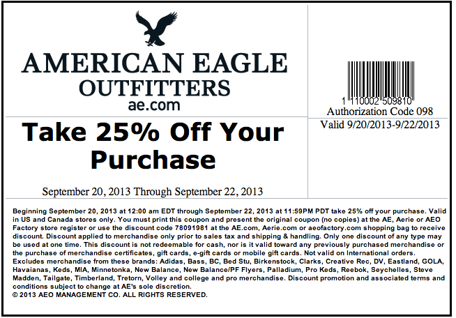 American Eagle Outfitters: 25% off Printable Coupon