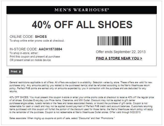 Mens Wearhouse: 40% off Shoes Printable Coupon