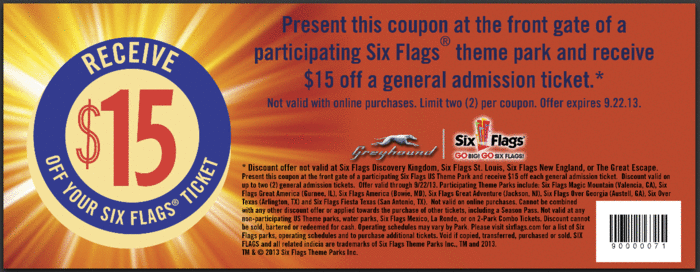 Six Flags: $15 off Ticket Printable Coupon