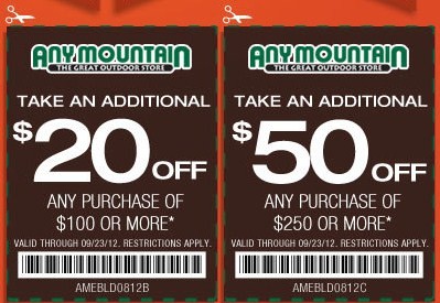 Any Mountain: $20-$50 off Printable Coupon