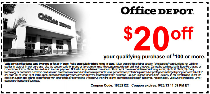 Office Depot: $20 off $100 Printable Coupon
